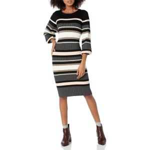 Cable Stitch Women’s Ribbed Bishop Sleeve Dress – Crewneck Long Sleeve Knee-Length Solid/Striped Bodycon Sweater Knit Dress(Multi-stripe)