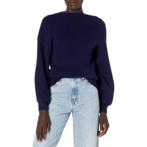 Cable Stitch Women’s Ribbed Blouson Sleeve Sweater – Boat Neck Long Sleeve Drop Shoulder Solid Color Pullover Knit Top(Navy)