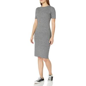 Cable Stitch Women’s Ribbed Short Sleeve Rib-Knit Dress – Striped/Solid Crewneck Bodycon Midi Dress(Marled Grey)