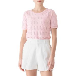 Cable Stitch Women’s Ripple Stitch Short Sleeve Sweater – Crewneck Pointelle Knit Cotton Pullover Top(Light Pink)
