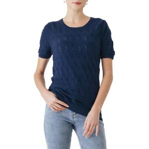 Cable Stitch Women’s Ripple Stitch Short Sleeve Sweater – Crewneck Pointelle Knit Cotton Pullover Top(Navy)