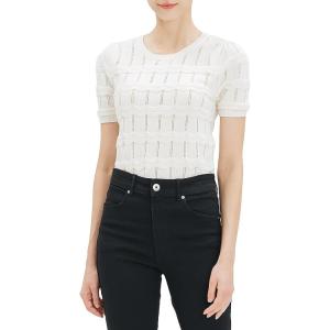 Cable Stitch Women’s Ripple Stitch Short Sleeve Sweater – Crewneck Pointelle Knit Cotton Pullover Top(White)