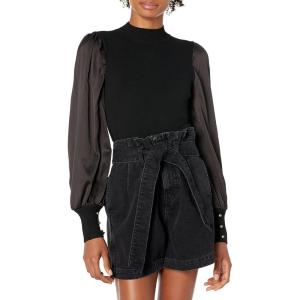 Cable Stitch Women’s Satin-Sleeve Sweater Top – Mock Neck Contrast Long Sleeve Pullover Top(Black)