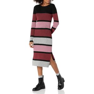 Cable Stitch Women’s Stripe Ribbed Dress – Crewneck Long Sleeve Colorblock Bodycon Fitted Midi Sweater Dress(Multi)
