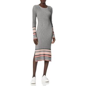 Cable Stitch Women’s Stripe Ribbed Dress – Crewneck Long Sleeve Colorblock Bodycon Fitted Midi Sweater Dress(Multi-grey)