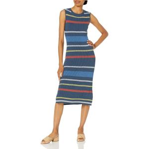 Cable Stitch Women’s Stripe Ribbed Tank Dress – Crewneck Sleeveless Colorblock Bodycon Fitted Summer Midi Sweater Dress(Multi-denim)