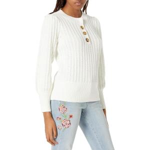 Cable Stitch Women’s Textured Henley Sweater – Crewneck Long Sleeve Pleated Shoulder Cotton Ribbed Pullover Top(Ivory)
