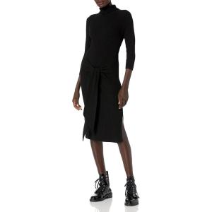 Cable Stitch Women’s Turtleneck Ribbed Sweater Dress – 3/4 Sleeve Tie Waist Bodycon Fitted Knit Dress(Black)