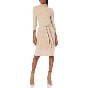 Cable Stitch Women’s Turtleneck Ribbed Sweater Dress – 3/4 Sleeve Tie Waist Bodycon Fitted Knit Dress(Tan)