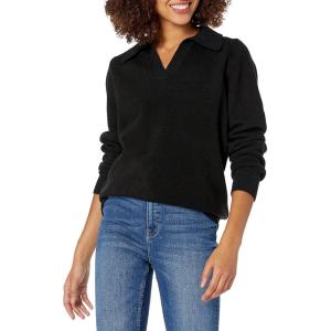 Cable Stitch Women’s Two Tone Polo Neck Open Collar V-Neck Sweater – Long Sleeve Relaxed Pullover Top(Black)