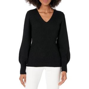 Cable Stitch Women’s V-Neck Blouson Sleeve Sweater – Long Sleeve Rib Knit Solid Color Pullover Top(Black)