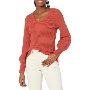 Cable Stitch Women’s V-Neck Blouson Sleeve Sweater – Long Sleeve Rib Knit Solid Color Pullover Top(Spice)