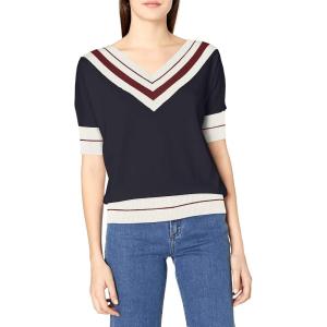 Cable Stitch Women’s V-Neck Colorblock Short Sleeve Sweater – Lightweight Pullover Knit Top(Navy)