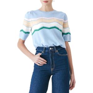 Cable Stitch Women’s Zig Zag Stitch Short Sleeve Sweater – Crewneck Soft Cotton Pullover Knit Top(Multi-blue)