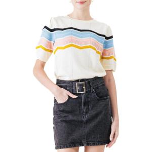 Cable Stitch Women’s Zig Zag Stitch Short Sleeve Sweater – Crewneck Soft Cotton Pullover Knit Top(Multi-ivory)