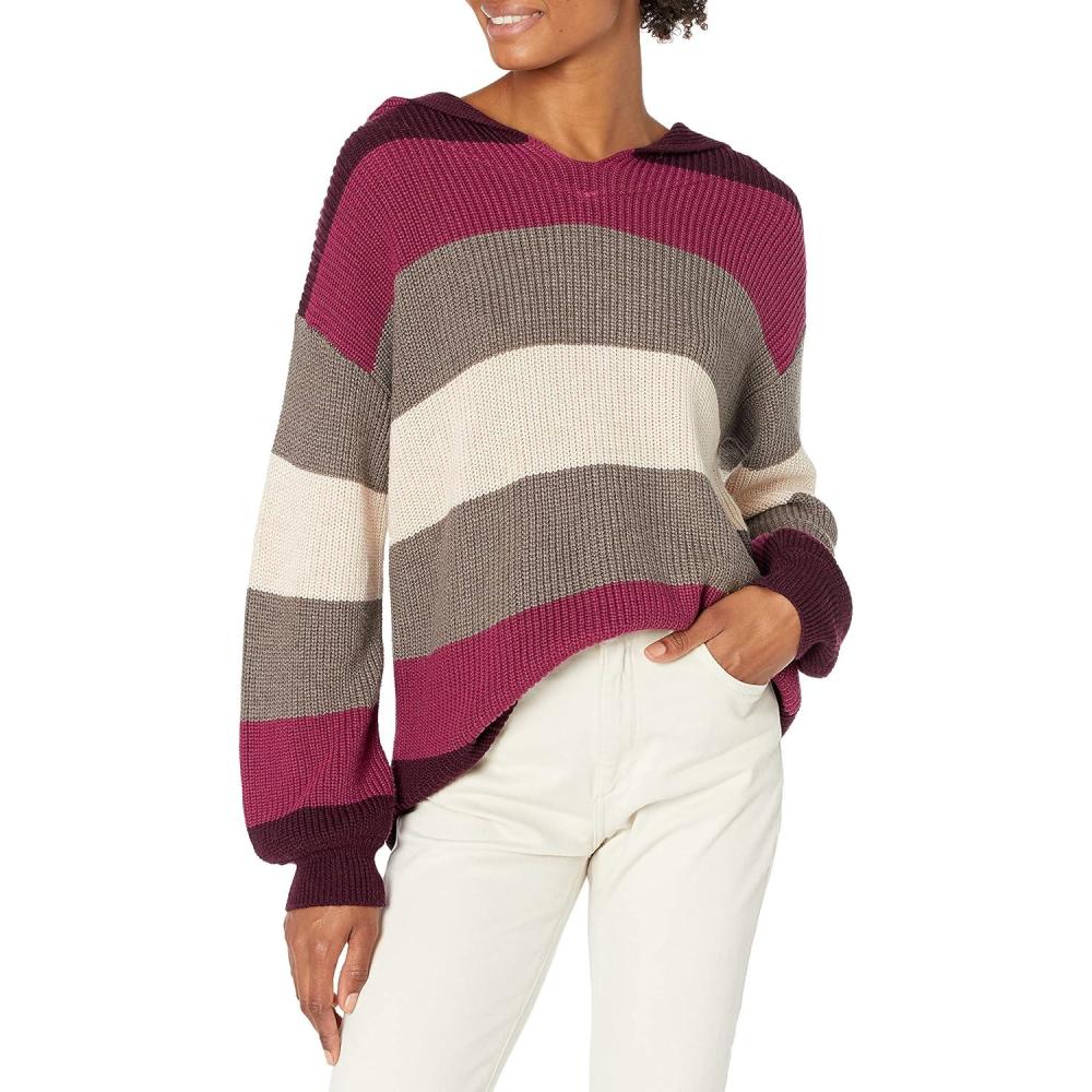 imageCable Stitch Womens Colorblock Pullover Hoodie Sweater  Striped Drop Shoulder Long Sleeve RibKnit Hooded TopMultiwine