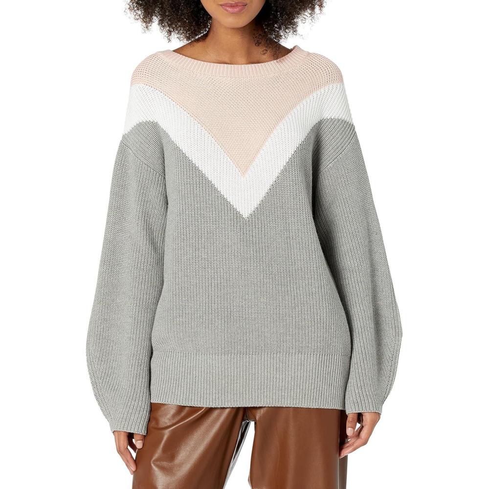 imageCable Stitch Womens Geometric Colorblock Sweater  Crewneck Long Sleeve Oversized Drop Shoulder Chevron Pattern Pullover TopMultigrey