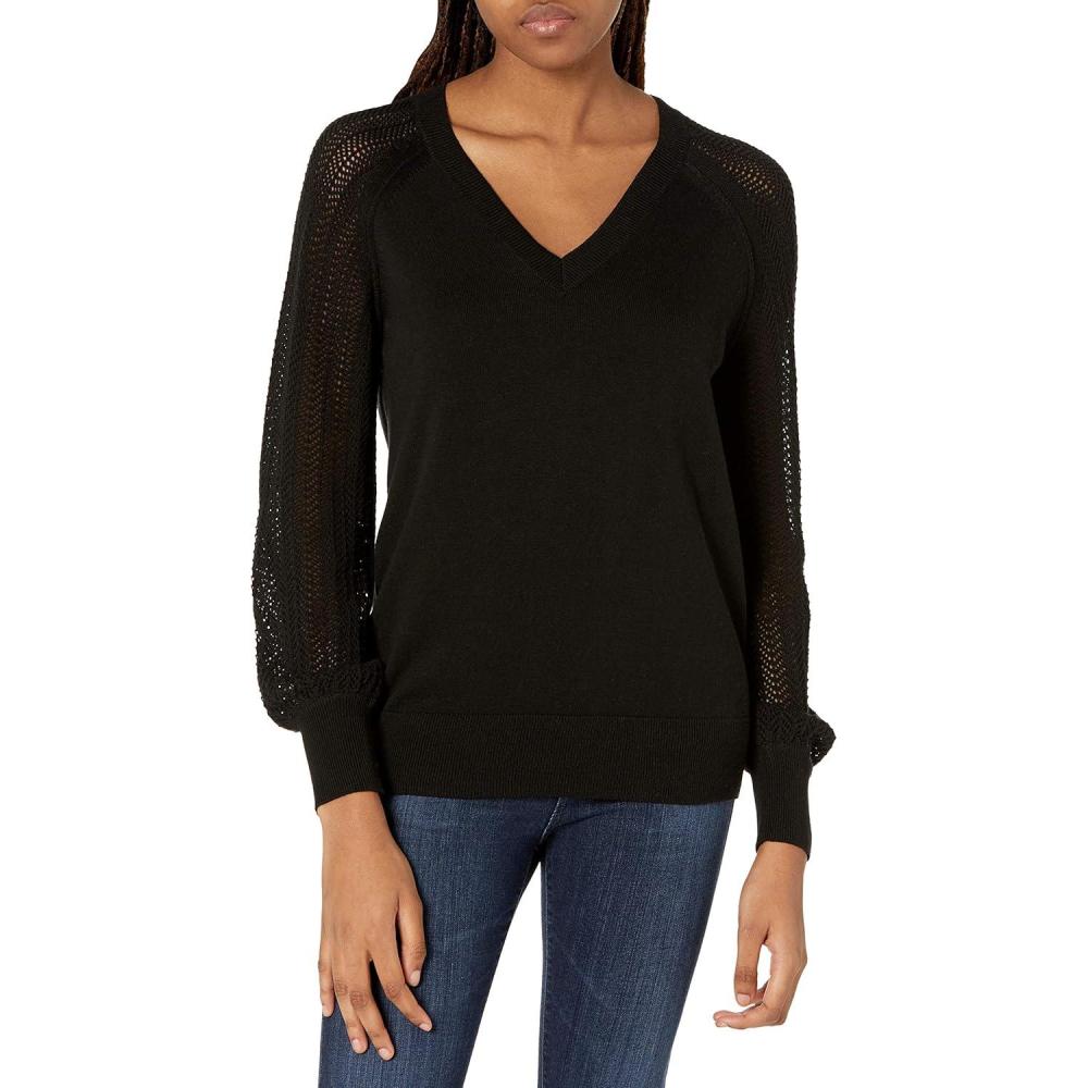 imageCable Stitch Womens Lightweight Pointelle Sleeve VNeck Sweater  Long Sleeve Solid Pullover Knit TopBlack