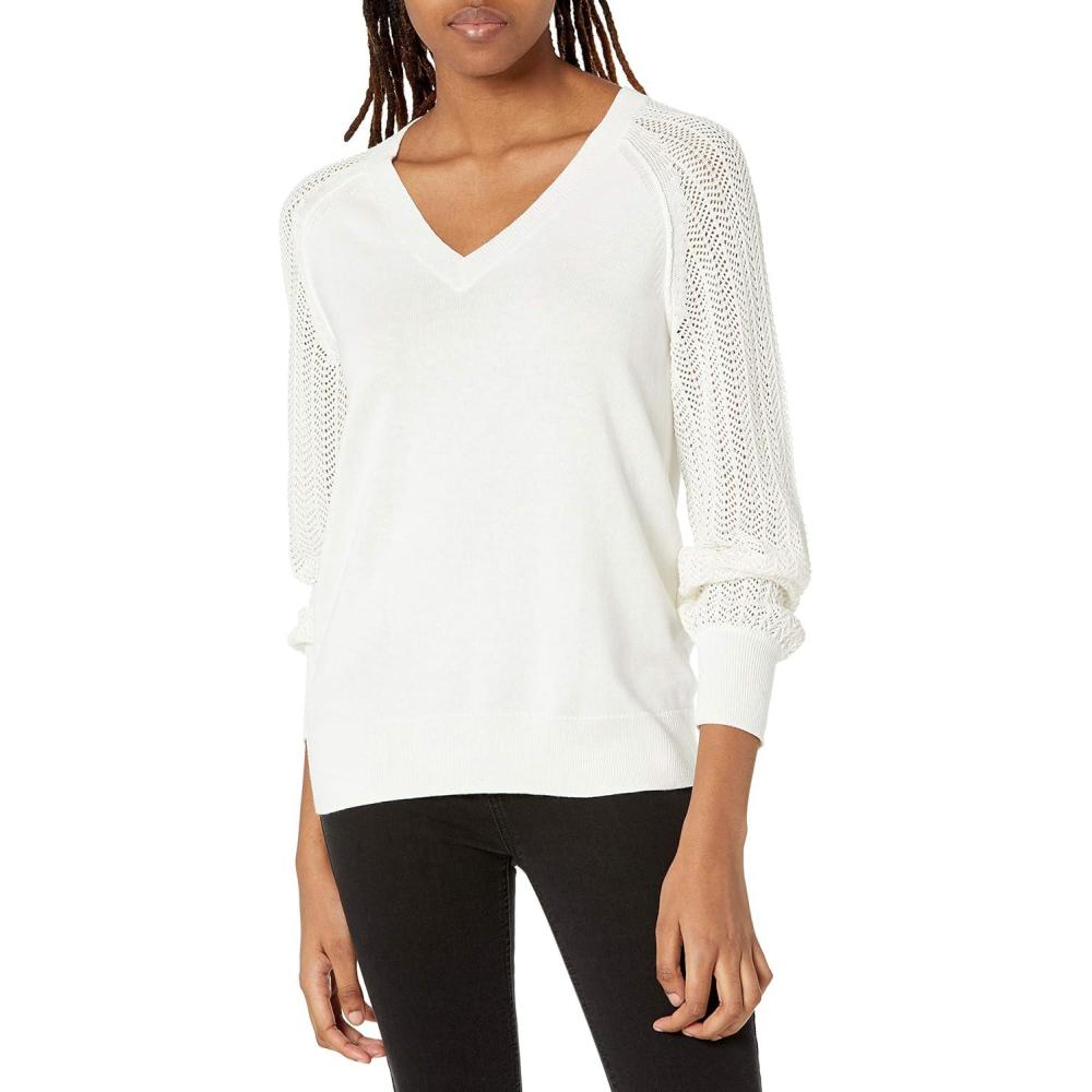 imageCable Stitch Womens Lightweight Pointelle Sleeve VNeck Sweater  Long Sleeve Solid Pullover Knit TopWhite