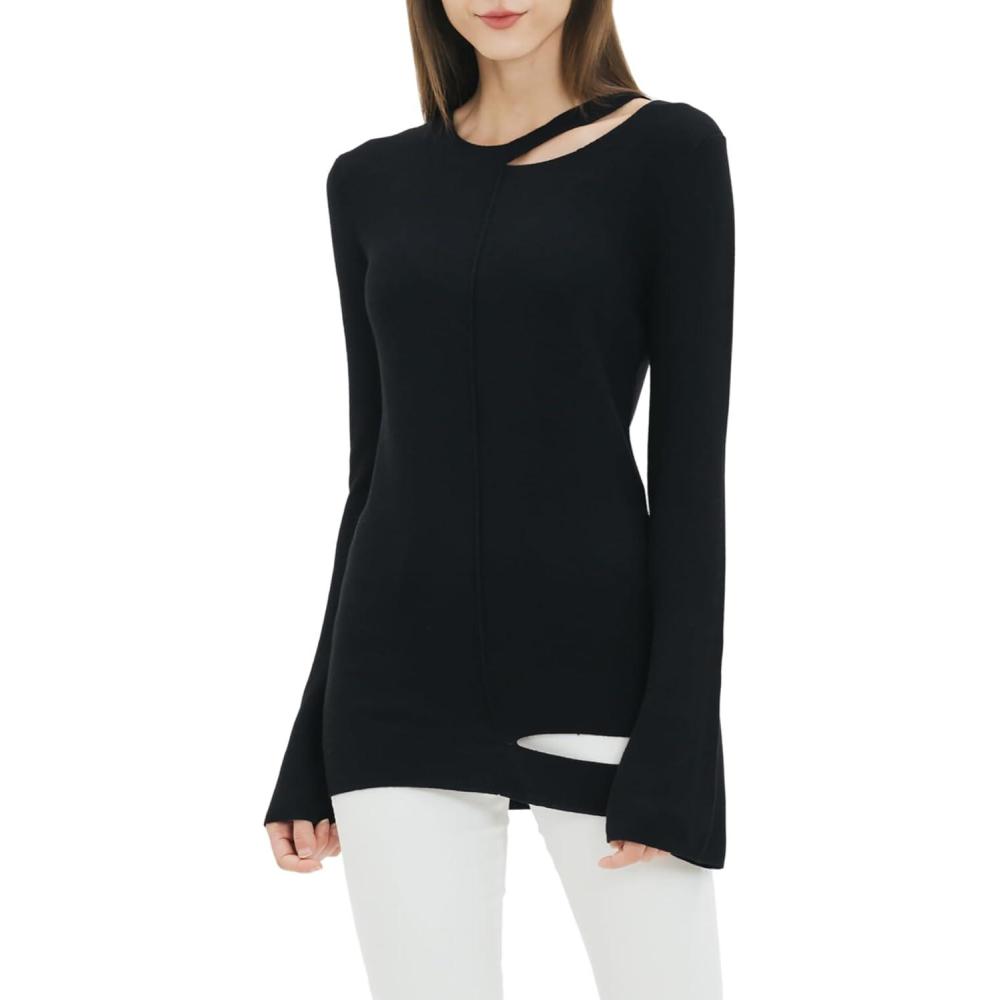 imageCable Stitch Womens LongSleeve Cutout Sweater  Long Bell Sleeve Lightweight Knitted Pullover TopBlack