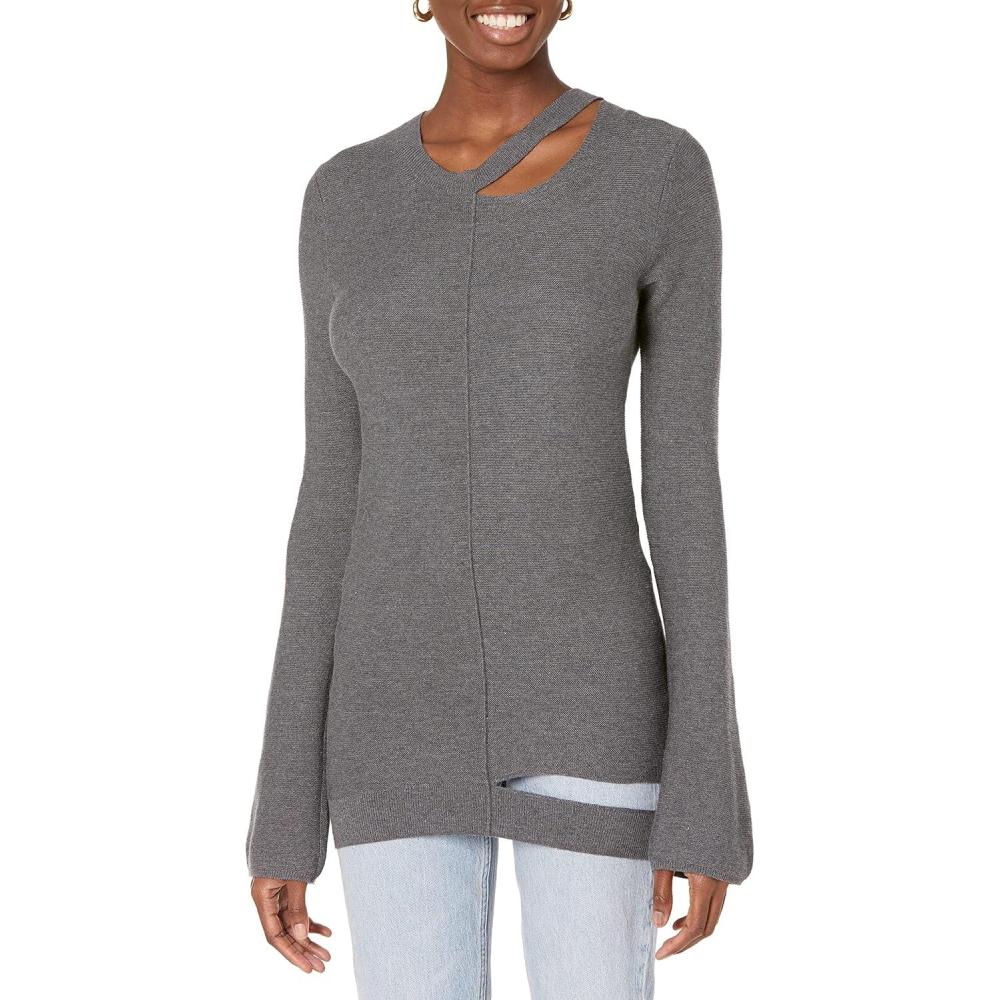 imageCable Stitch Womens LongSleeve Cutout Sweater  Long Bell Sleeve Lightweight Knitted Pullover TopCharcoal