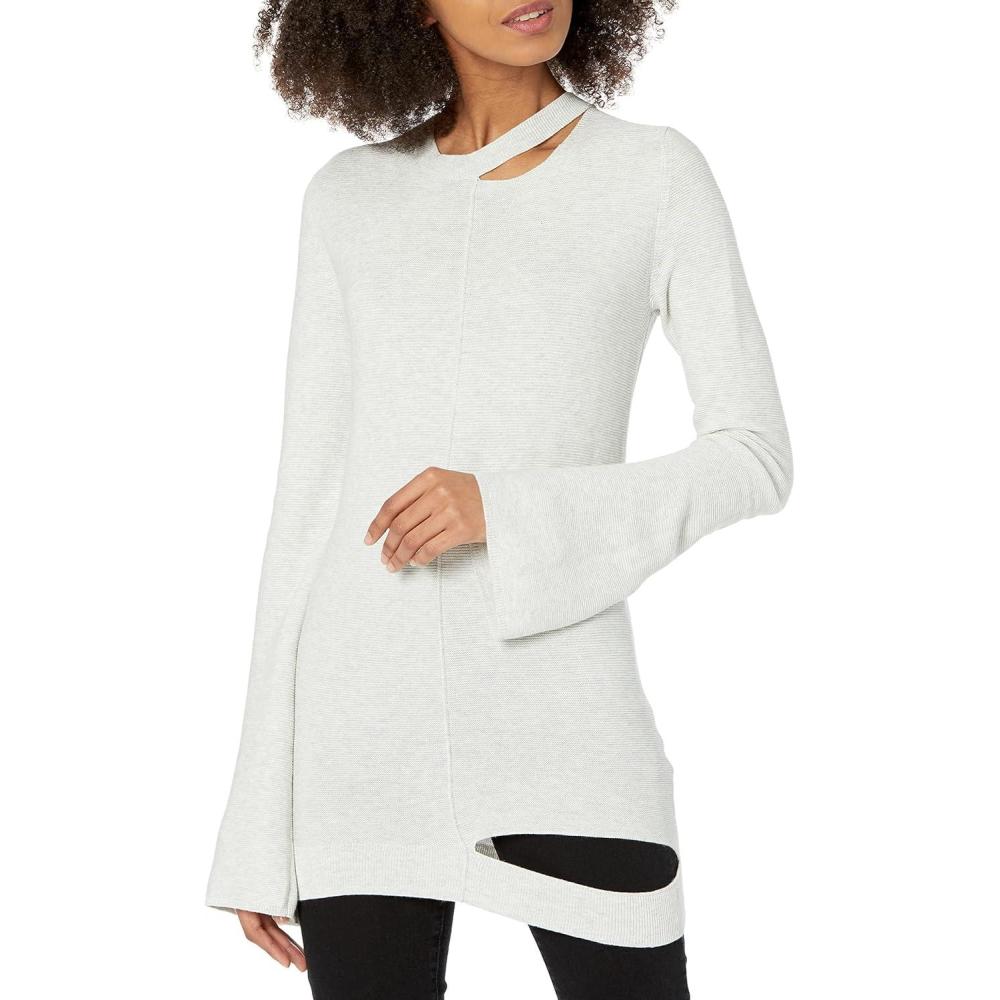 imageCable Stitch Womens LongSleeve Cutout Sweater  Long Bell Sleeve Lightweight Knitted Pullover TopLight Grey