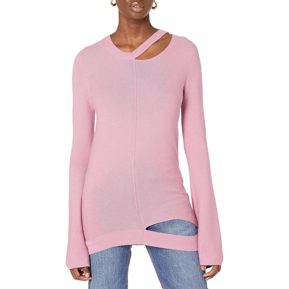 imageCable Stitch Womens LongSleeve Cutout Sweater  Long Bell Sleeve Lightweight Knitted Pullover TopPurple Dust