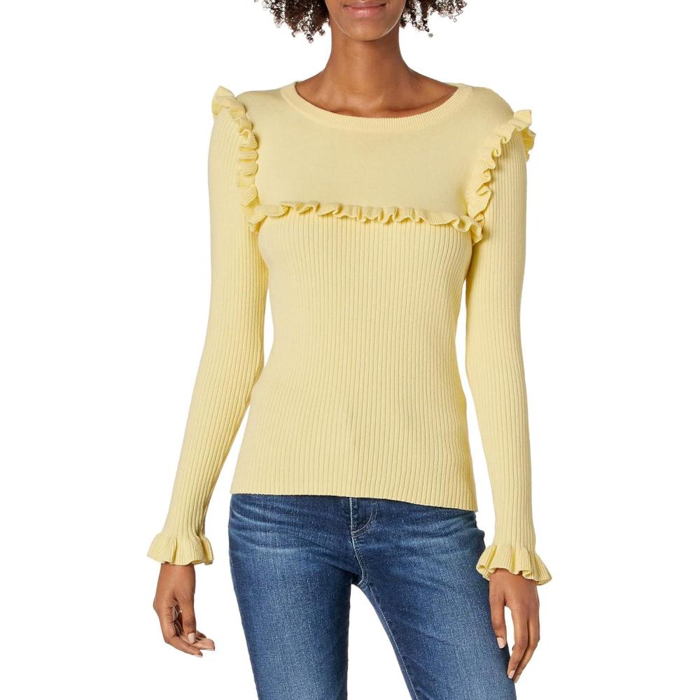 imageCable Stitch Womens Ribbed Ruffle Sweater  Crewneck Long Sleeve Solid Color Lightweight Pullover Knit TopPale Yellow