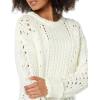 Cable Stitch Women’s Chunky Wool Blend Pointelle Sweater – Crewneck Extra Long Sleeve Open Stitch Cropped Pullover Knit Top(Birch White)
