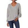 Cable Stitch Women’s Bishop Sleeve V-Neck Sweater Top – Shaker Knit Solid Color Long Sleeve Pullover(Heather Grey)