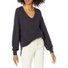 Cable Stitch Women’s Bishop Sleeve V-Neck Sweater Top – Shaker Knit Solid Color Long Sleeve Pullover(Navy)