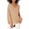 Cable Stitch Women’s Bishop Sleeve V-Neck Sweater Top – Shaker Knit Solid Color Long Sleeve Pullover(Nutmeg)