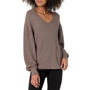 Cable Stitch Women’s Bishop Sleeve V-Neck Sweater Top – Shaker Knit Solid Color Long Sleeve Pullover(Ash Brown)