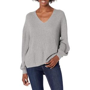 Cable Stitch Women’s Bishop Sleeve V-Neck Sweater Top – Shaker Knit Solid Color Long Sleeve Pullover(Heather Grey)