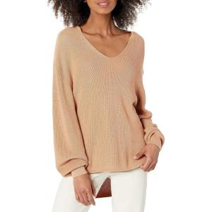 Cable Stitch Women’s Bishop Sleeve V-Neck Sweater Top – Shaker Knit Solid Color Long Sleeve Pullover(Nutmeg)