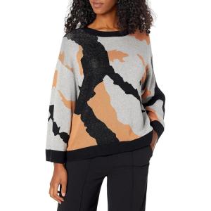 Cable Stitch Women’s Camo Jacquard Sweater – Camouflage Print Casual 7/8 Sleeve Loose Fit Soft Pullover Top(Grey/Black)