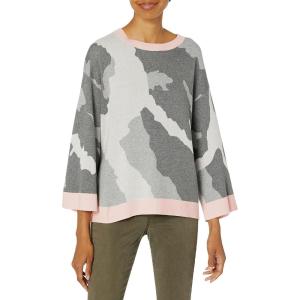 Cable Stitch Women’s Camo Jacquard Sweater – Camouflage Print Casual 7/8 Sleeve Loose Fit Soft Pullover Top(Grey/Soft Pink)