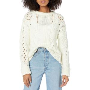 Cable Stitch Women’s Chunky Wool Blend Pointelle Sweater – Crewneck Extra Long Sleeve Open Stitch Cropped Pullover Knit Top(Birch White)