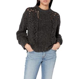 Cable Stitch Women’s Chunky Wool Blend Pointelle Sweater – Crewneck Extra Long Sleeve Open Stitch Cropped Pullover Knit Top(Charcoal)