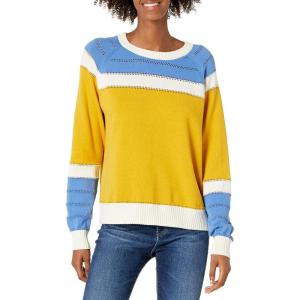 Cable Stitch Women’s Colorblock Boxy Pullover Sweater Top – Crewneck Long Sleeve Casual Lightweight Cotton Knitwear(Multi-marigold)
