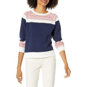 Cable Stitch Women’s Colorblock Boxy Pullover Sweater Top – Crewneck Long Sleeve Casual Lightweight Cotton Knitwear(Multi-navy)