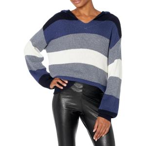 Cable Stitch Women’s Colorblock Pullover Hoodie Sweater – Striped Drop Shoulder Long Sleeve Rib-Knit Hooded Top(Multi-blue)
