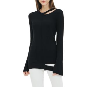 Cable Stitch Women’s Long-Sleeve Cutout Sweater – Long Bell Sleeve Lightweight Knitted Pullover Top(Black)