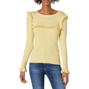 Cable Stitch Women’s Ribbed Ruffle Sweater – Crewneck Long Sleeve Solid Color Lightweight Pullover Knit Top(Pale Yellow)