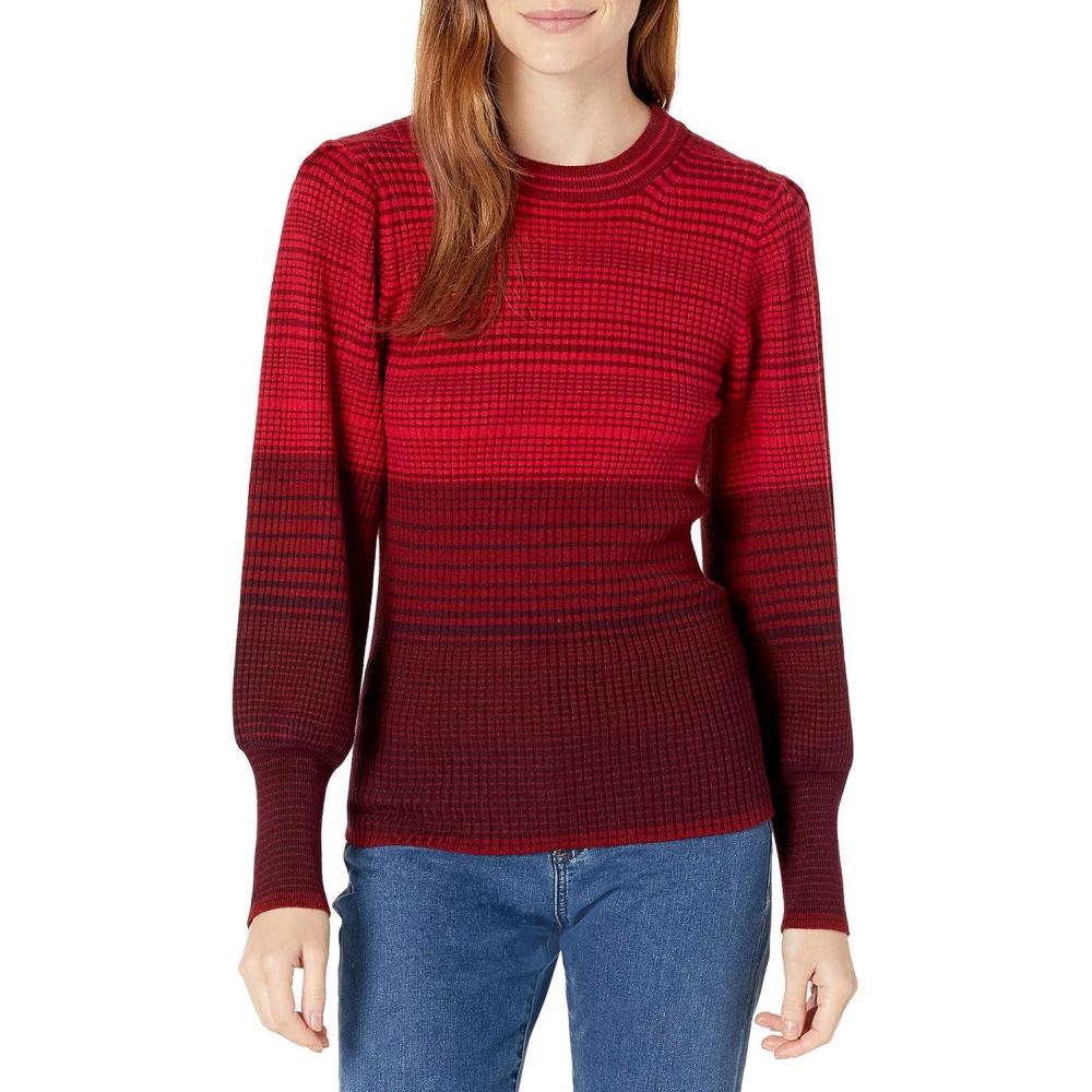 imageCable Stitch Womens Ombre Striped Pullover Sweater  Crewneck Long Bishop Sleeve Colorblock Rib Knit TopFuchsia Red