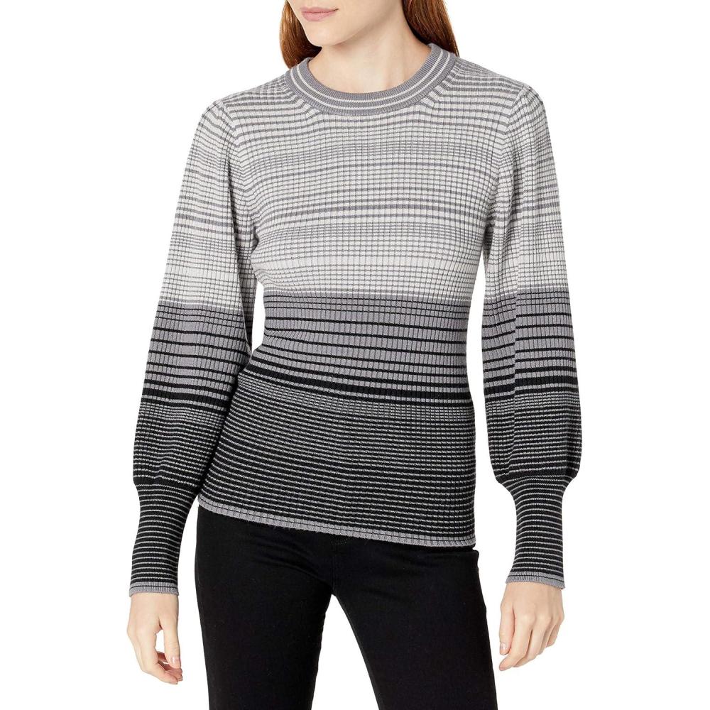imageCable Stitch Womens Ombre Striped Pullover Sweater  Crewneck Long Bishop Sleeve Colorblock Rib Knit TopGrey Black