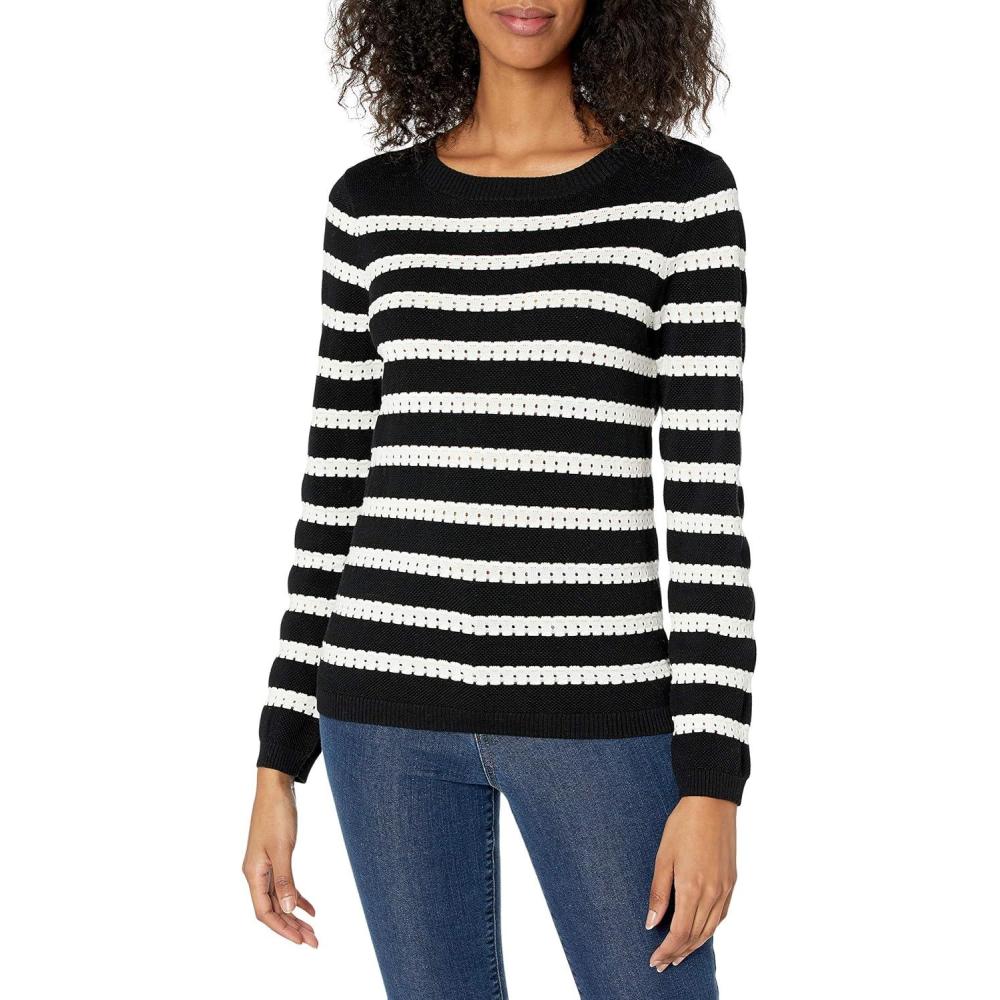 imageCable Stitch Womens Lightweight Pointelle Striped Sweater  Crewneck Long Sleeve Soft Pullover TopBlackWhite