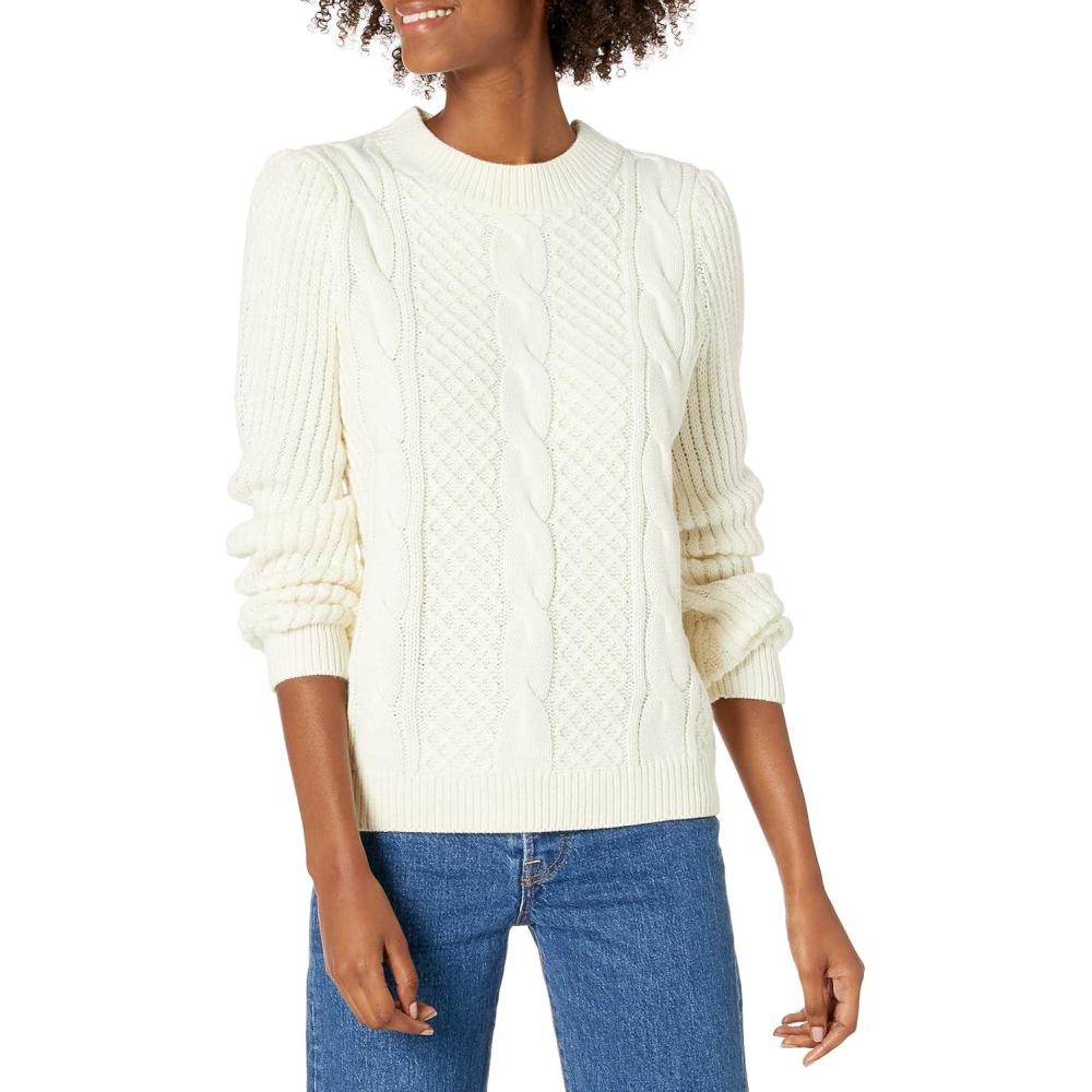 imageCable Stitch Womens Mixed Cable Knit Sweater  Classic Fit Crewneck Long Sleeve Shirred Shoulder Pullover TopCream