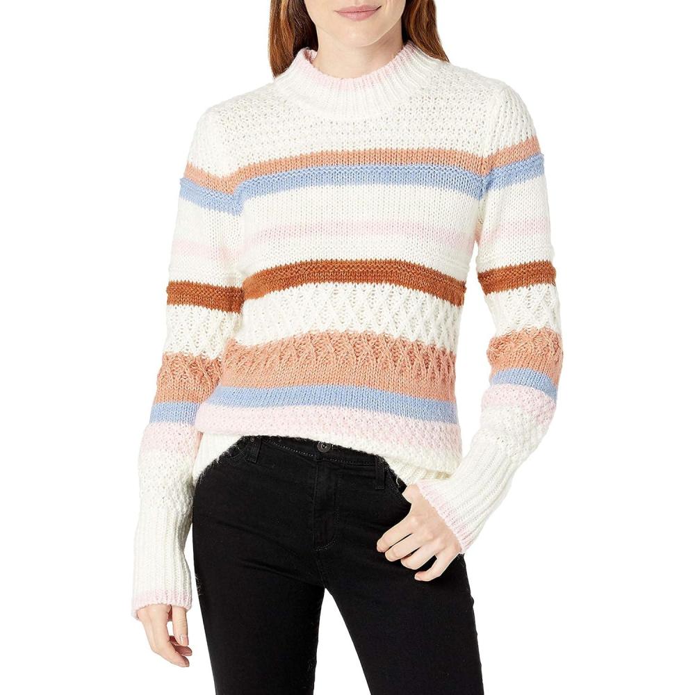 imageCable Stitch Womens Mixed Pointelle Stripe Sweater  Mock Neck Long Sleeve Colorblock Pullover Knit TopMulticream