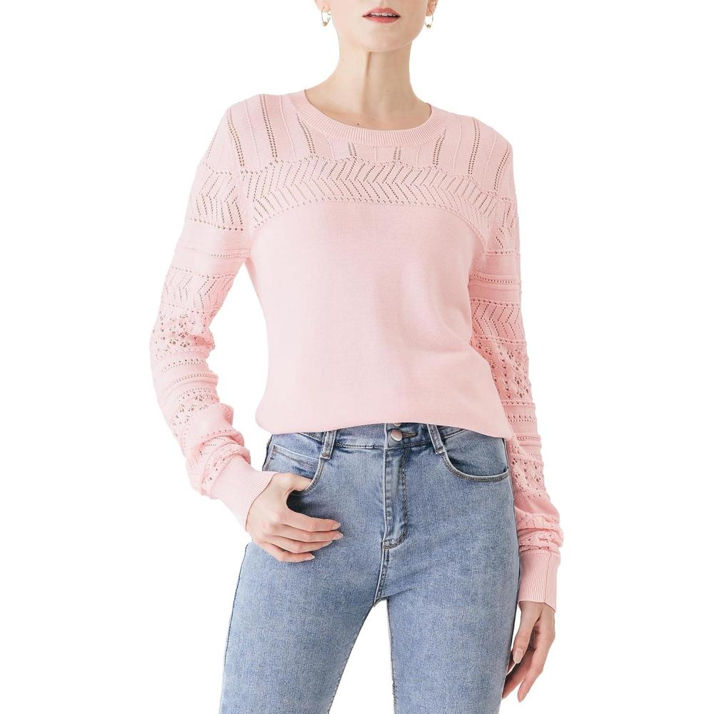 imageCable Stitch Womens Pointelle Sleeve Lightweight Sweater  Long Sleeve Crewneck Lace Pullover TopLight Pink